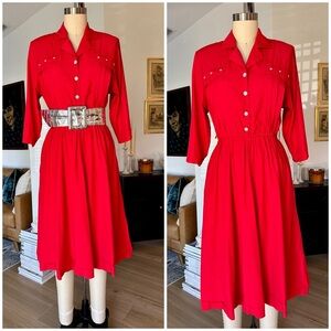 Vintage 80’s Red Button-Up Dress with Rhinestones